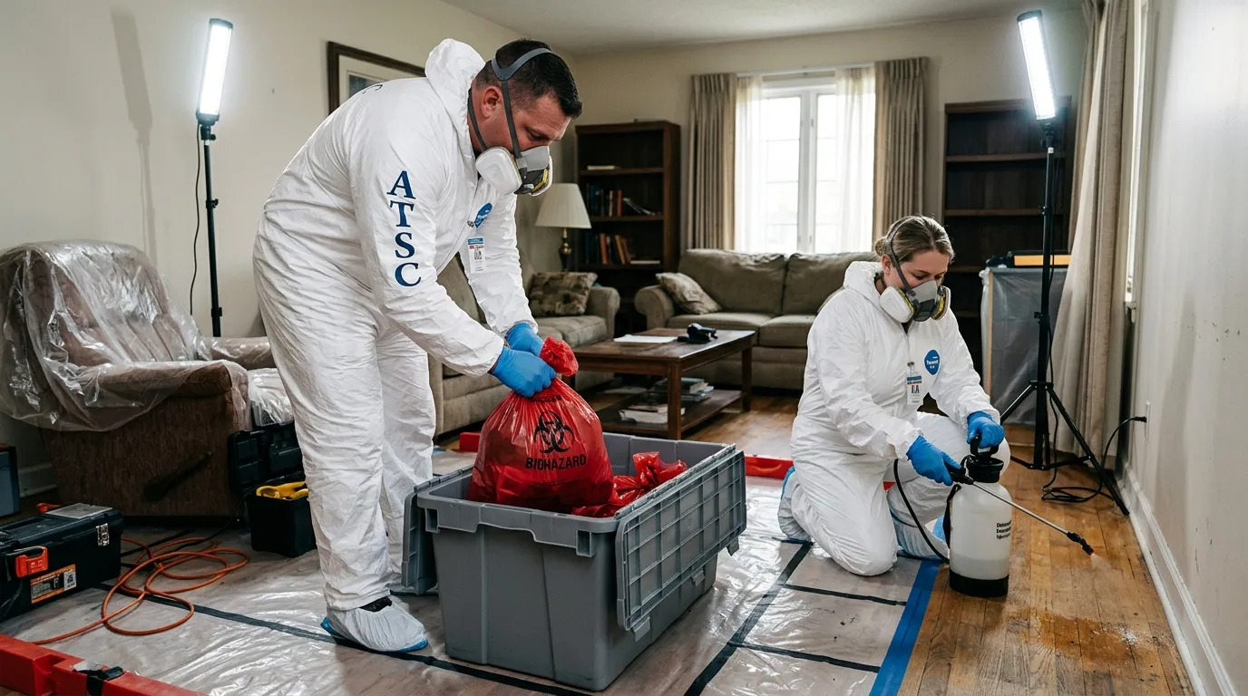 Professional Hoarding Cleanup technician in full PPE working in Festus